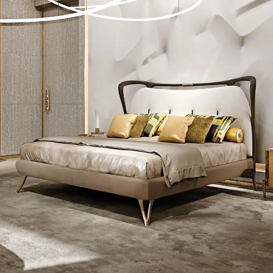 Distinguished BelMondo by Bellotti Ezio Crono bed with light brown leather upholstery and sculptural golden metal feet, built with a curved dark brown wooden frame