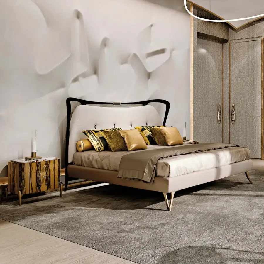 Harmonious BelMondo by Bellotti Ezio Crono bed with light cream upholstery and black wooden framing built upon sculptural metal feet