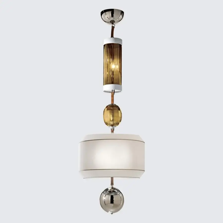 Superior Italamp Odette Odile suspension lamp with metal structure and amber-toned glass elements, finished with leather and chrome accents