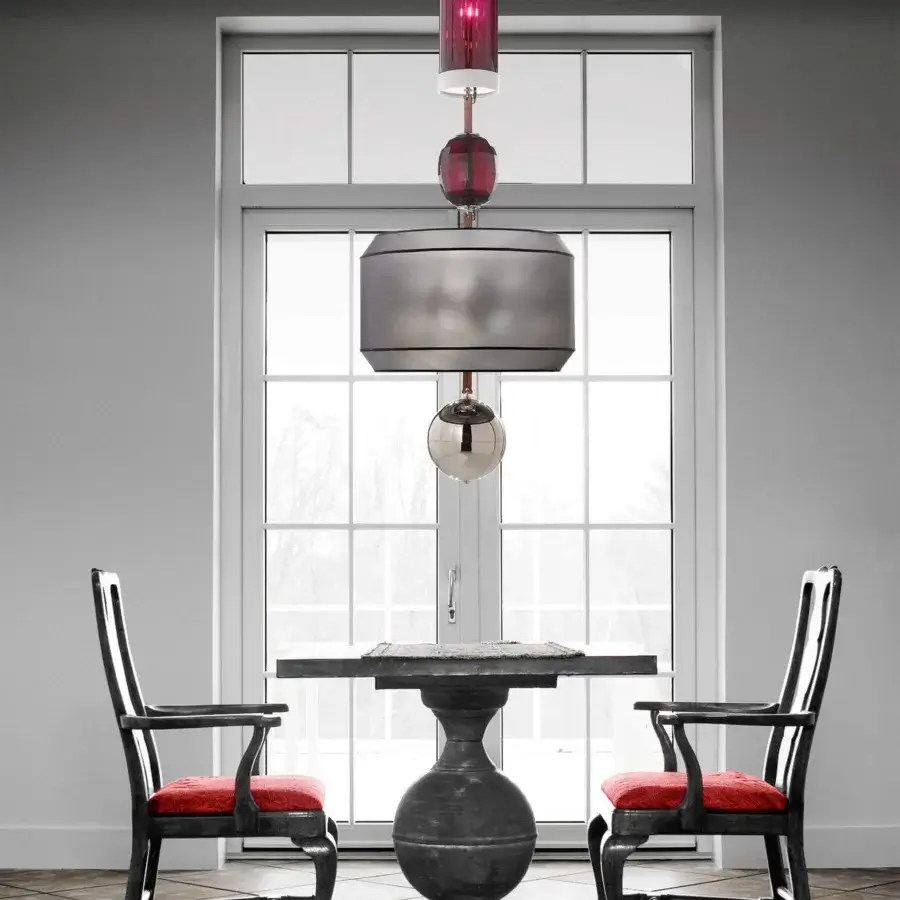 Exclusive Italamp Odette Odile suspension lamp with metal structure and delicate glass elements in matte gray finish
