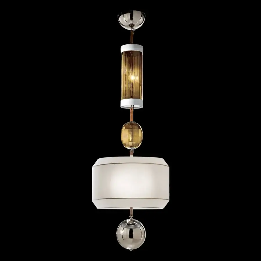 Exceptional Italamp Odette Odile suspension lamp with translucent amber glass, chrome finish and white textile crafted in metal, fabric, leather, ceramic