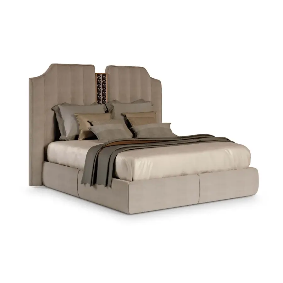 Harmonious BelMondo by Bellotti Ezio Lexington Avenue bed upholstered in uniform beige textile with a geometric silhouette and central strip