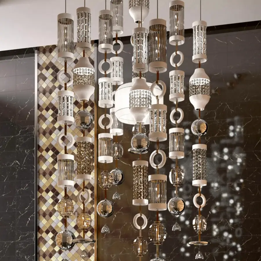 Superior Italamp Odette Odile suspension lamp with cylindrical housings and clear glass spheres in glossy silver and white metal with leather details