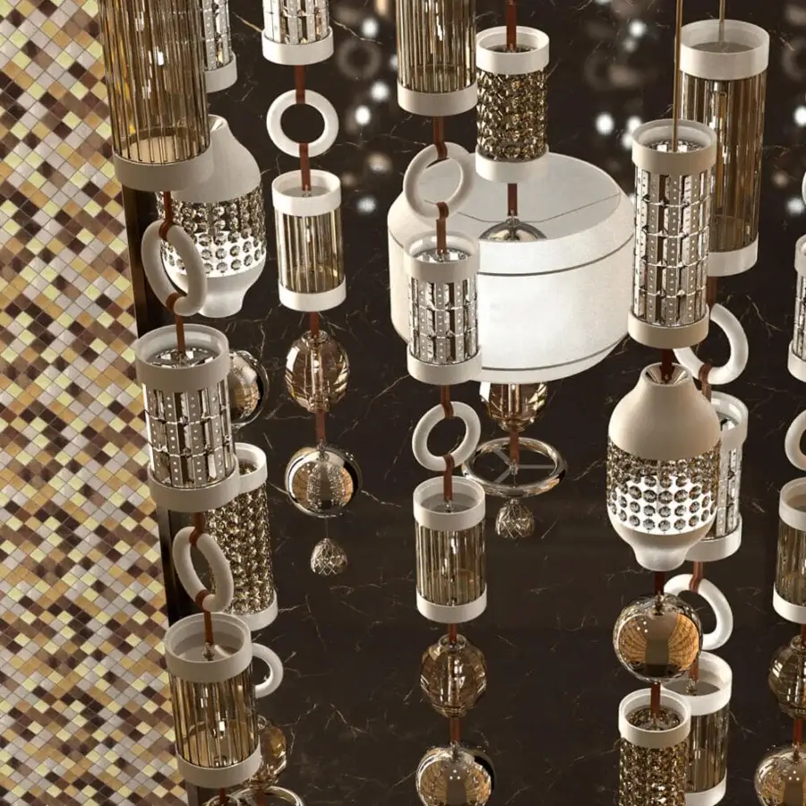 Distinguished Italamp Odette Odile suspension lamp with metal structure and delicate crystal elements crafted with luxurious leather and ceramic details