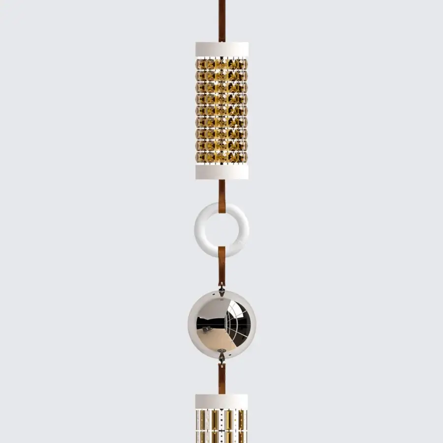 Exceptional Italamp Odette Odile suspension lamp with crystal elements, leather straps and mirrored semi-spherical metal construction