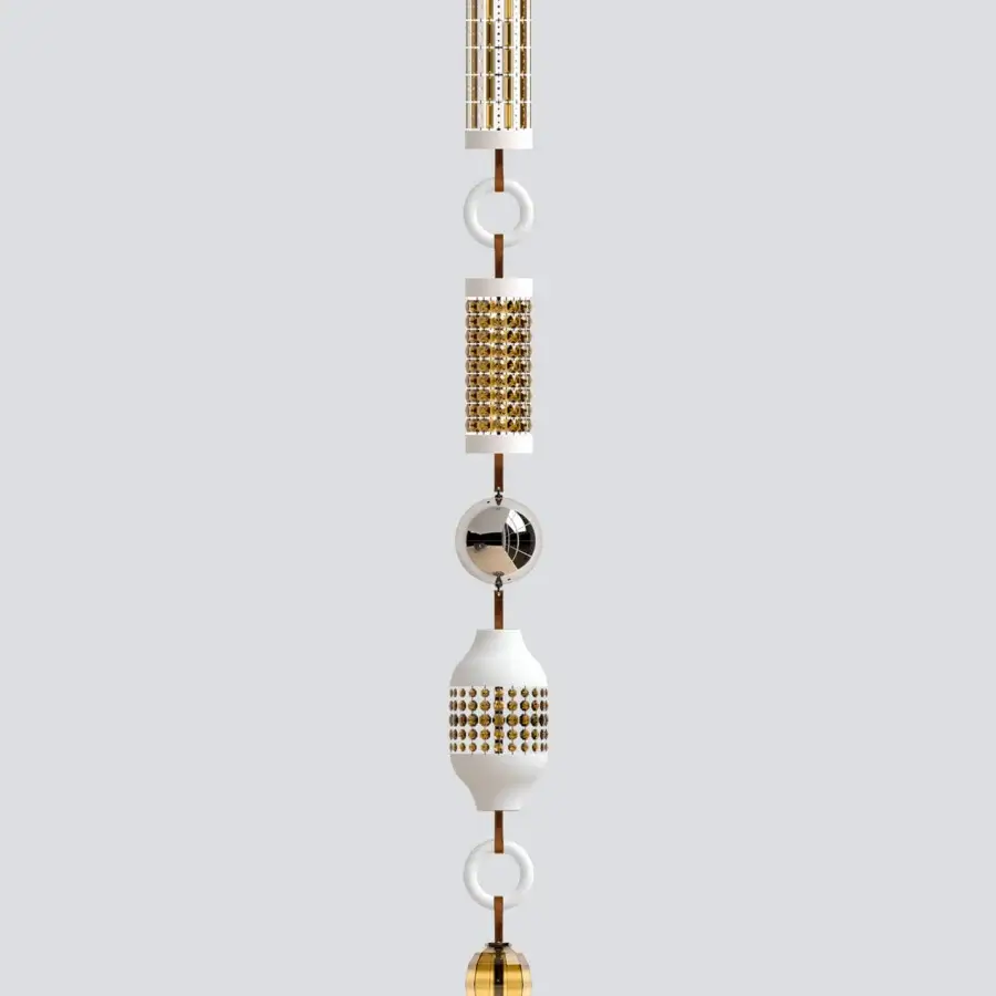 Sophisticated Italamp Odette Odile suspension lamp with cylindrical metal, amber details, silver sphere and leather accents