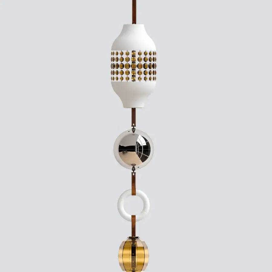 Distinguished Italamp Odette Odile suspension lamp with metal, ceramic, amber accents, and dark brown leather detailing