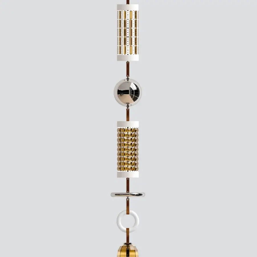Exceptional Italamp Odette Odile suspension lamp with metal, crystal elements, golden accents, and ceramic details