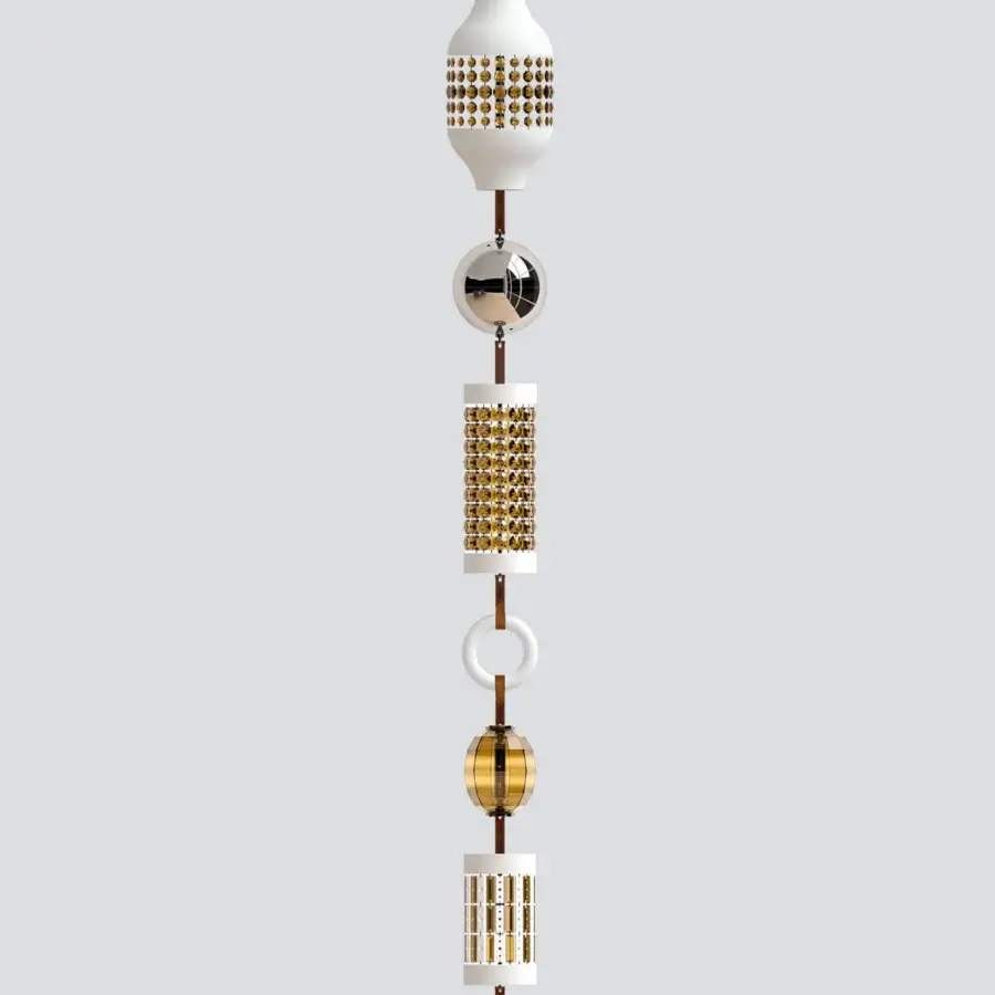 Exceptional Italamp Odette Odile suspension lamp with curated white, gold, silver, leather, ceramic and dark brown metal elements