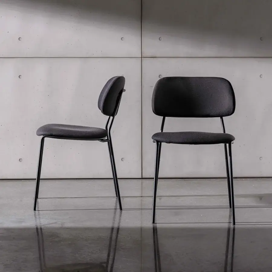 Distinguished Sovet Italia Soft chair with dark gray textile upholstery and slender matte black lacquered metal structure