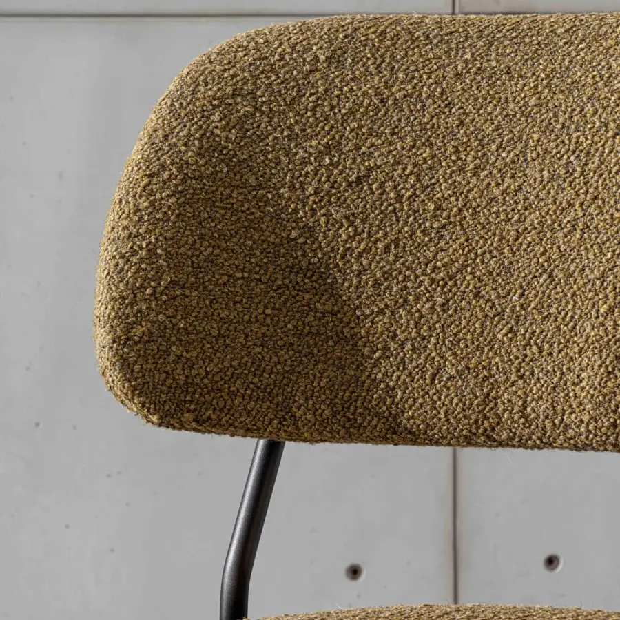 Distinguished Sovet Italia Soft chair with looped olive green textile enveloping a curved multi-layered wood seat and matte lacquered metal structure