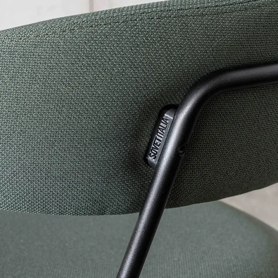 Sophisticated Sovet Italia Soft chair with lacquered black metal and textured green woven textile upholstery