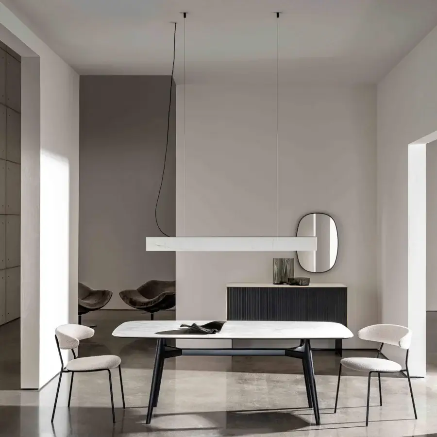 Exceptional Sovet Italia Soft chair with neutral textile upholstery and sleek black lacquered metal structure