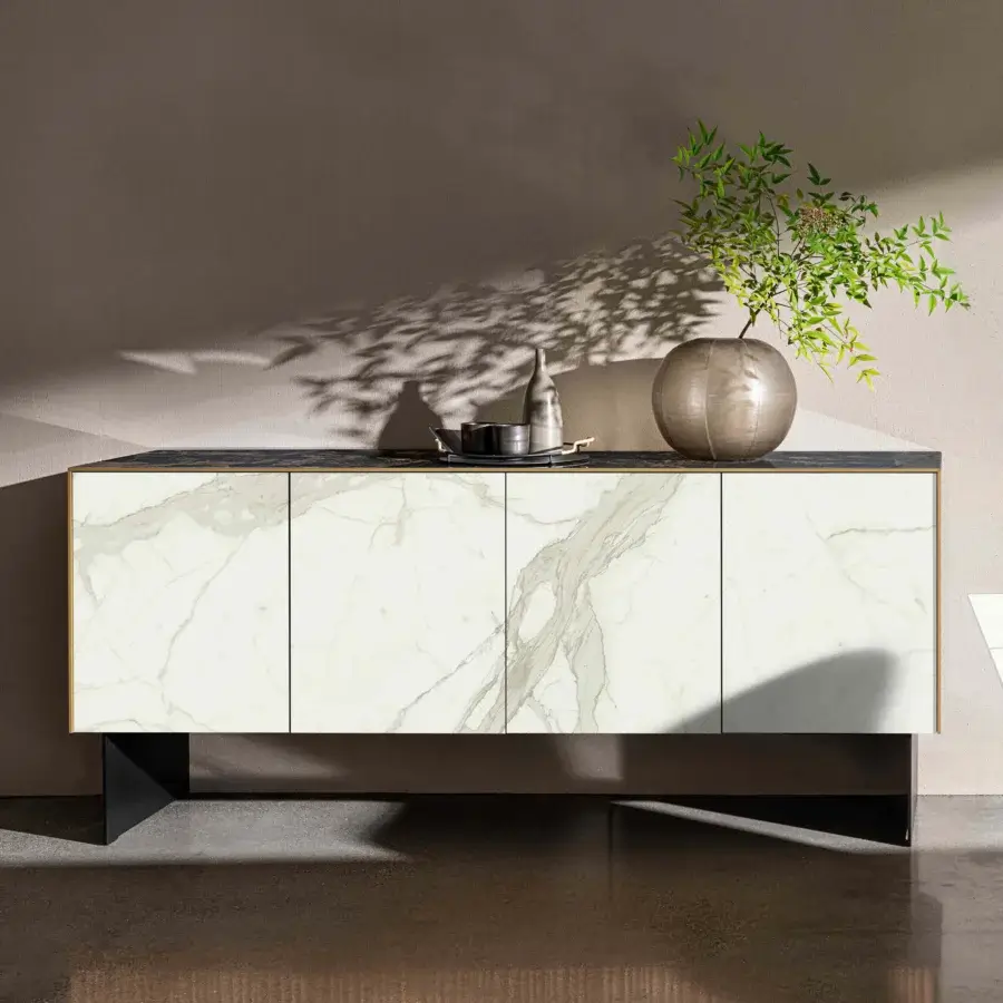Superior Sovet Italia Kala sideboard with white and light gray marble-patterned finish and brass profile built on a matte black metal base