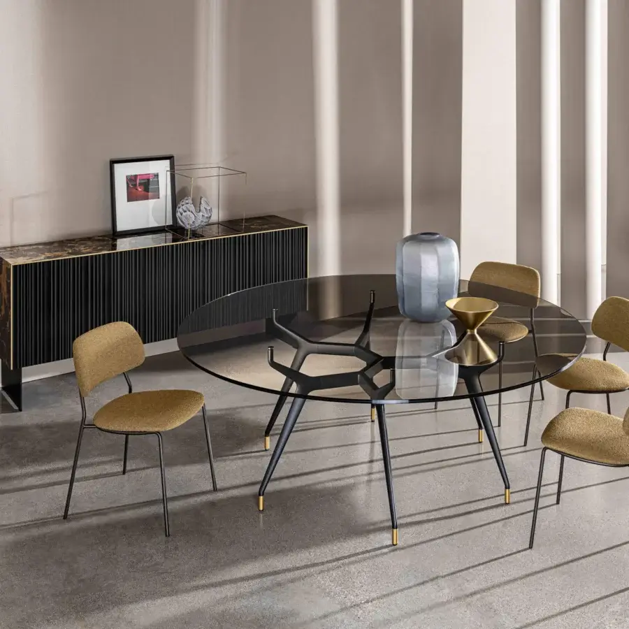 Distinguished Sovet Italia Arkos XXL table with round glass top and black lacquered aluminum base crafted with golden feet