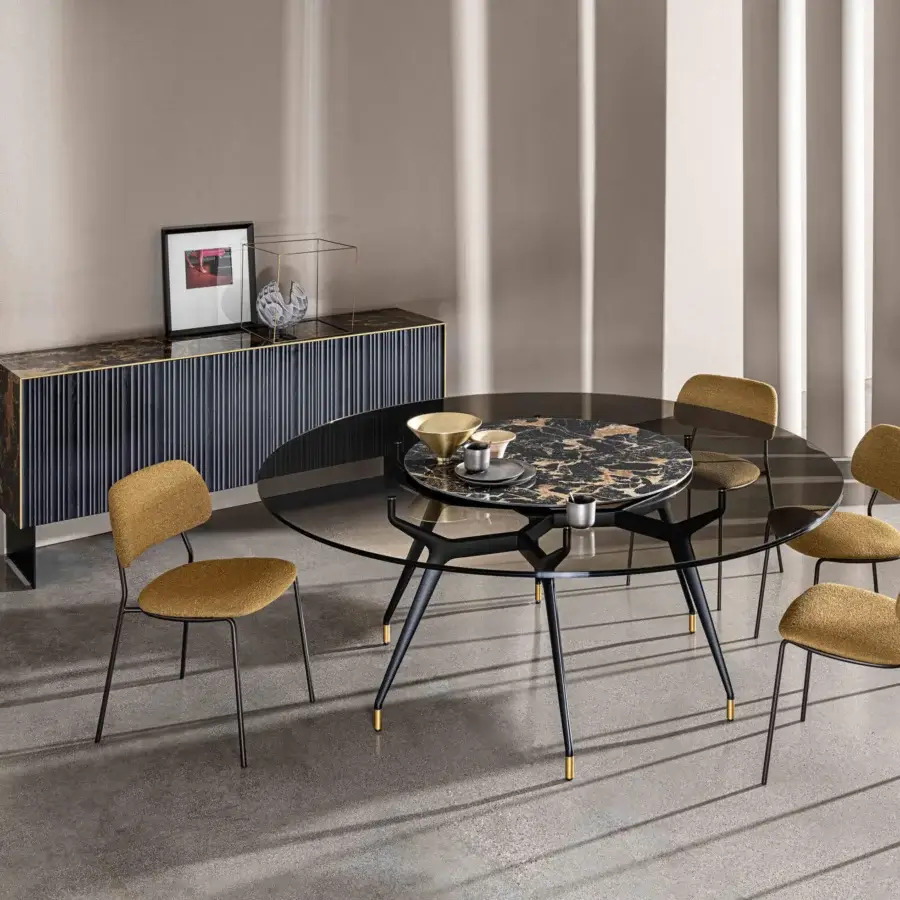 Superior Sovet Italia Arkos XXL table with transparent glass top and lacquered aluminum in matte black with gold accents