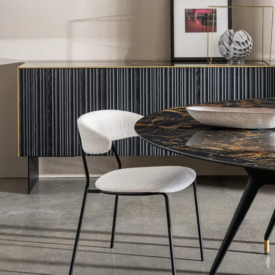 Superior Sovet Italia Soft Low chair with curved multi-layered wood and tactile white textile upholstery in a sleek matte black finish