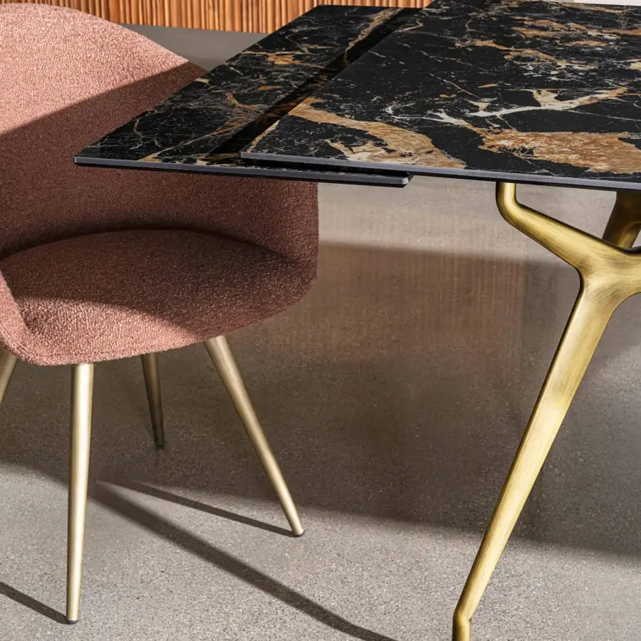 Distinguished Sovet Italia Arkos table with marbled gold and white tempered glass and brushed gold lacquered aluminum legs