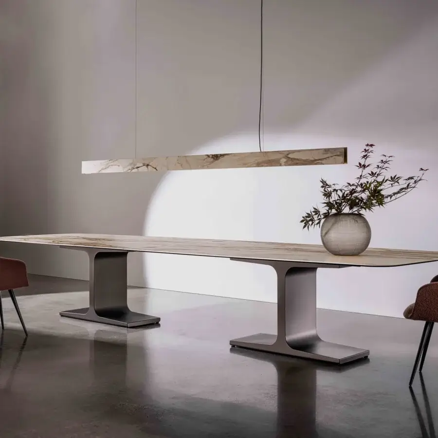 Sophisticated Sovet Italia Palace MAXI table with a two-piece beige and brown tabletop and matte dark gray lacquered metal base