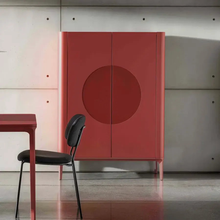 Distinguished Sovet Italia Madia Slim cupboard with lacquered aluminum structure and ring-shaped inserts in a reddish-brown finish