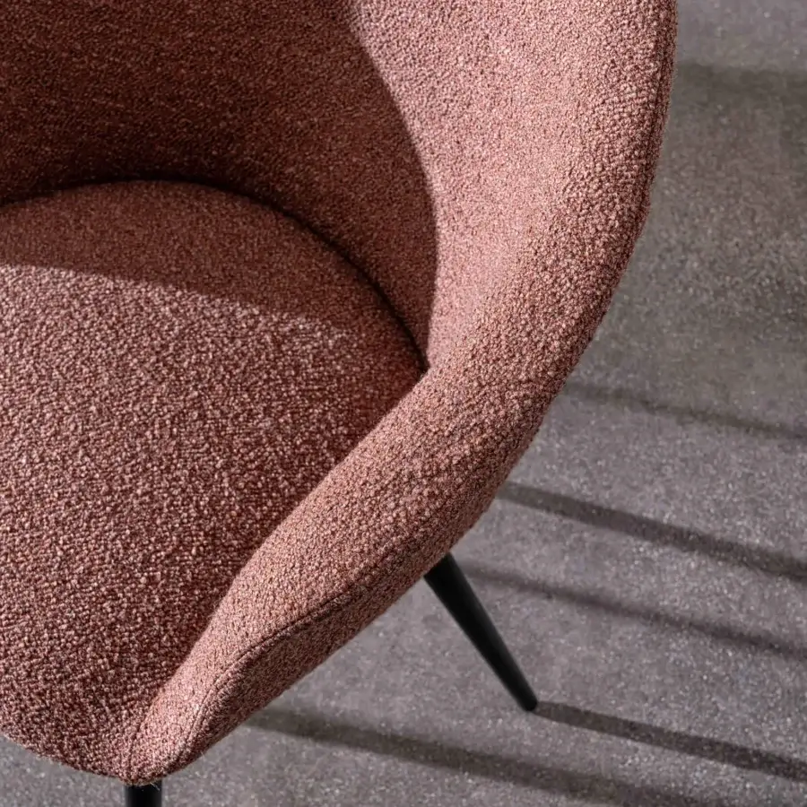Distinguished Sovet Italia Dama chair with brownish-pink textured textile upholstery and black lacquered metal legs presents a matte finish