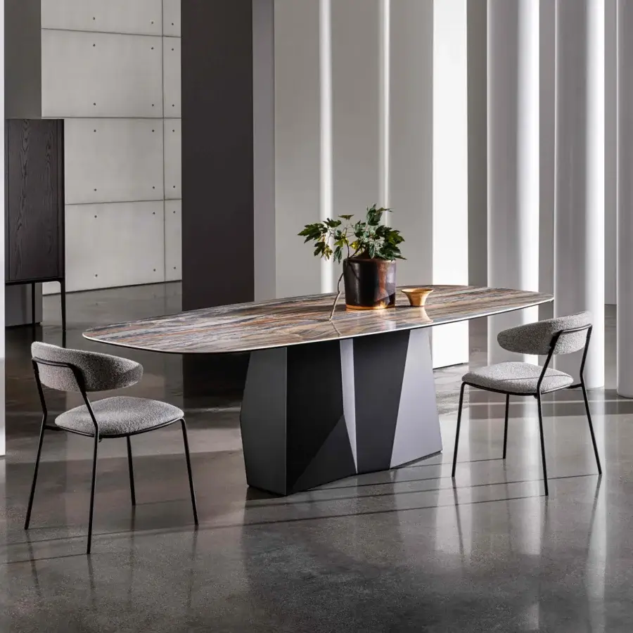 Exclusive Sovet Italia GranDeod table with swirling laminated ceramic and matte dark grey lacquered metal base