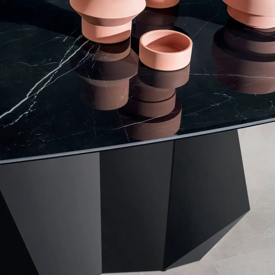 Distinguished Sovet Italia GranDeod table with dark marble-look ceramic top and dark gray matte lacquered metal base