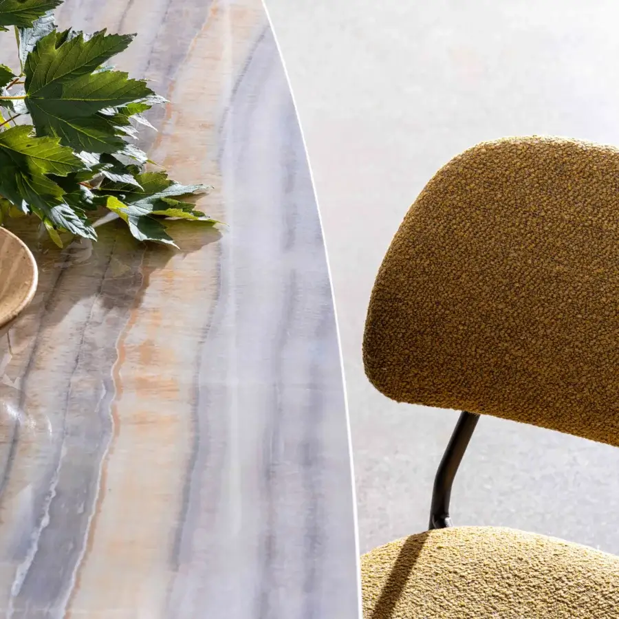 Elegant Sovet Italia GranDeod table with light gray striped ceramic top and lacquered metal base
