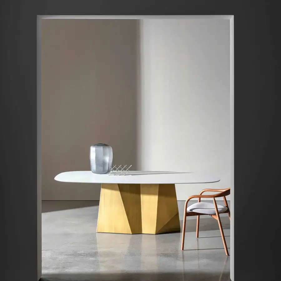 Exclusive Sovet Italia GranDeod table with grandeod ceramic laminate top and lacquered golden metal base