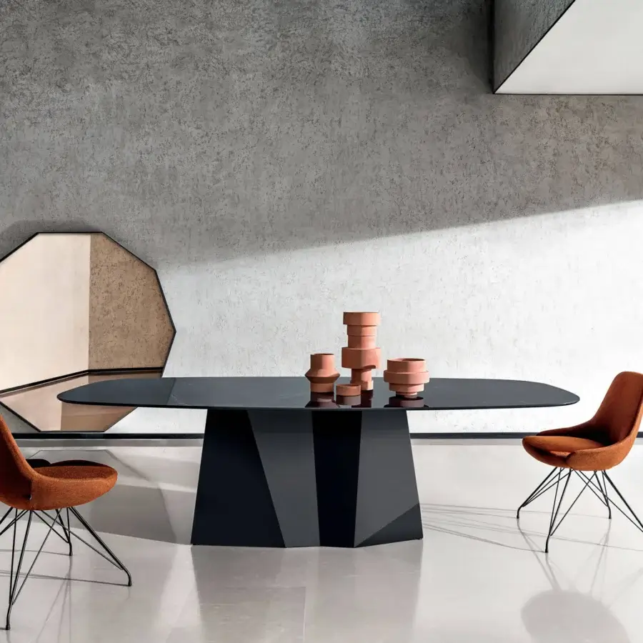 Elegant Sovet Italia GranDeod table with lacquered metal base and laminated ceramic top in a dark matte finish