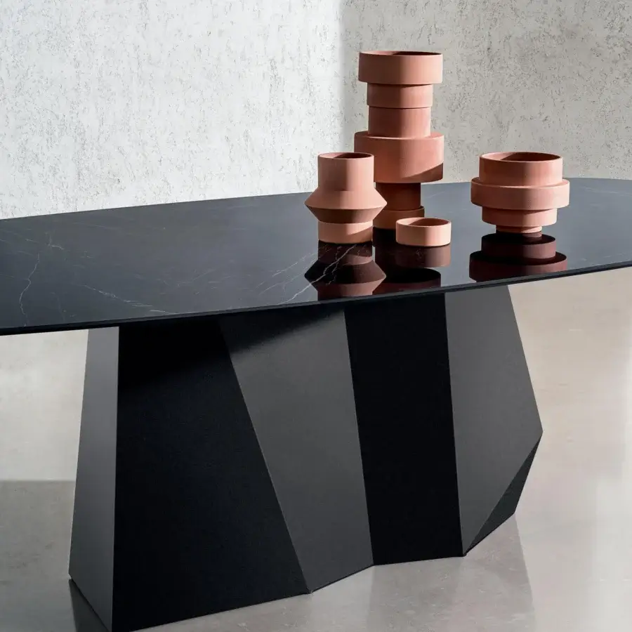 Exclusive Sovet Italia GranDeod table with laminated ceramic tabletop and glossy finish, built with a dark matte lacquered metal base