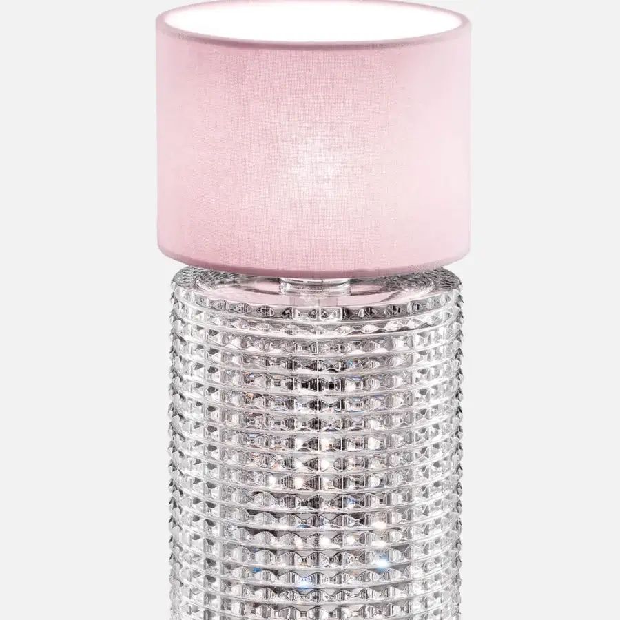 Distinguished Italamp Zoe lamp with chrome metal and transparent glass base, topped with a pink fabric cylindrical lampshade