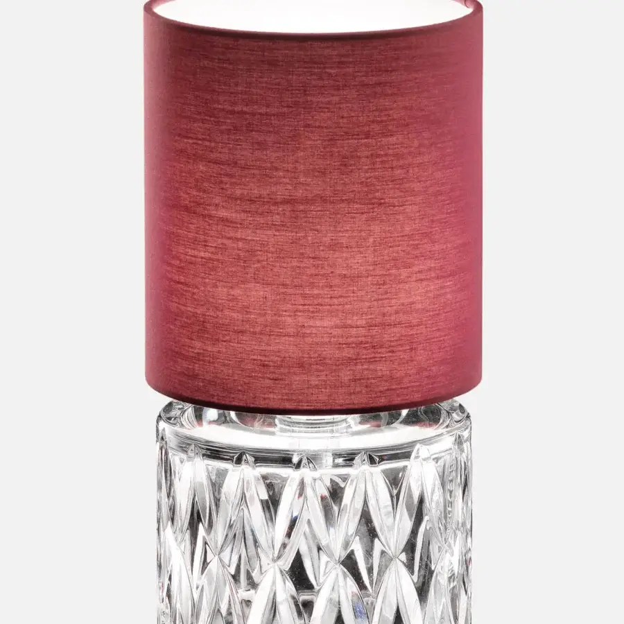 Elegant Italamp Zoe lamp with cyclamen fabric lampshade and carved transparent glass with chrome metal structure