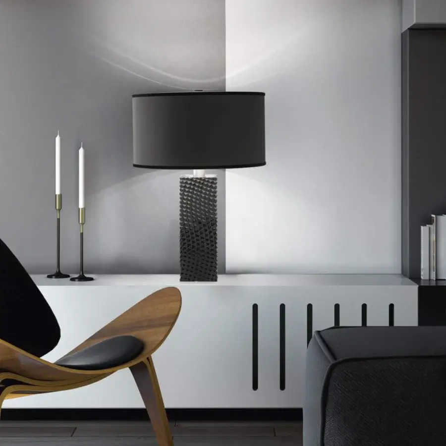 Elegant Italamp Alba table lamp with carved crystal base and soft black fabric lampshade with chrome finish