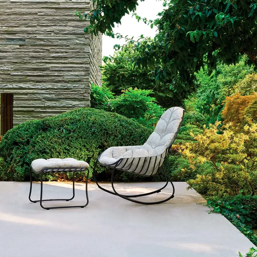 Superior Royal Botania Folia Rocking Lounge Chair with light gray fabric and darker gray powder-coated frame