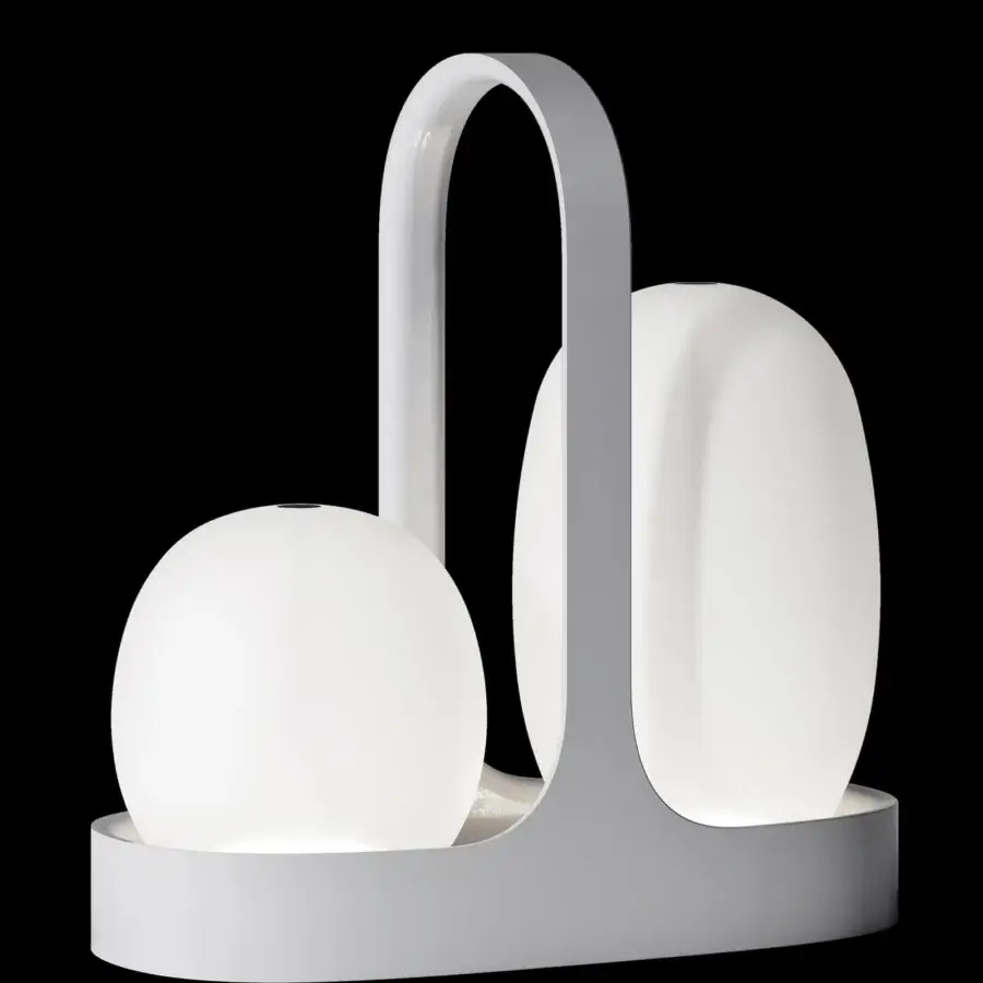 Innovative Italamp DUO lamp with curved lines and glossy white plastic, featuring removable blown glass diffusers within a lightweight basket structure