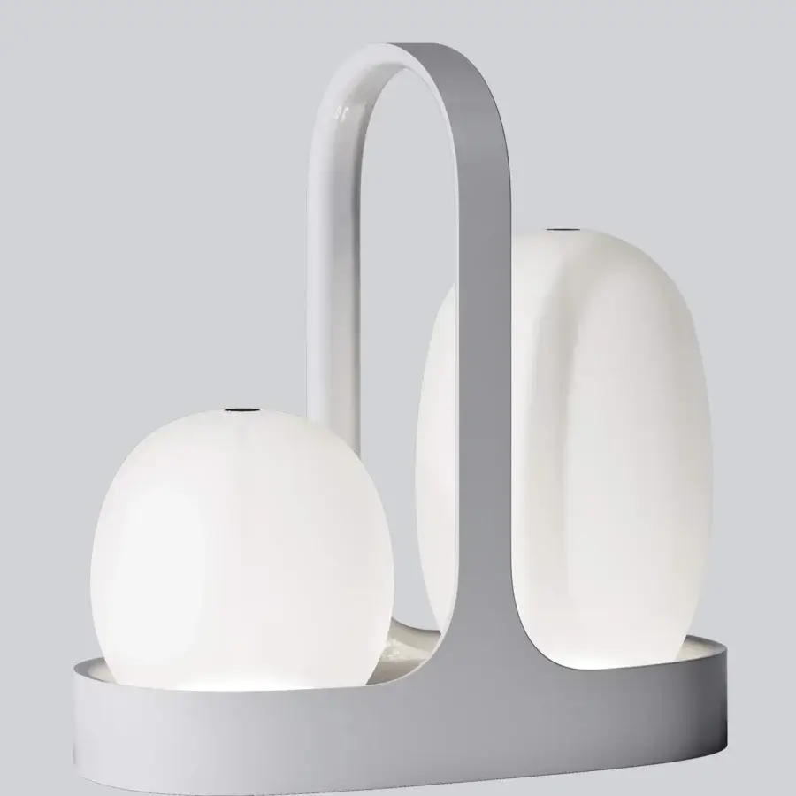 Exceptional Italamp DUO lamp with a glossy white plastic basket and removable white blown glass diffusers emitting soft light