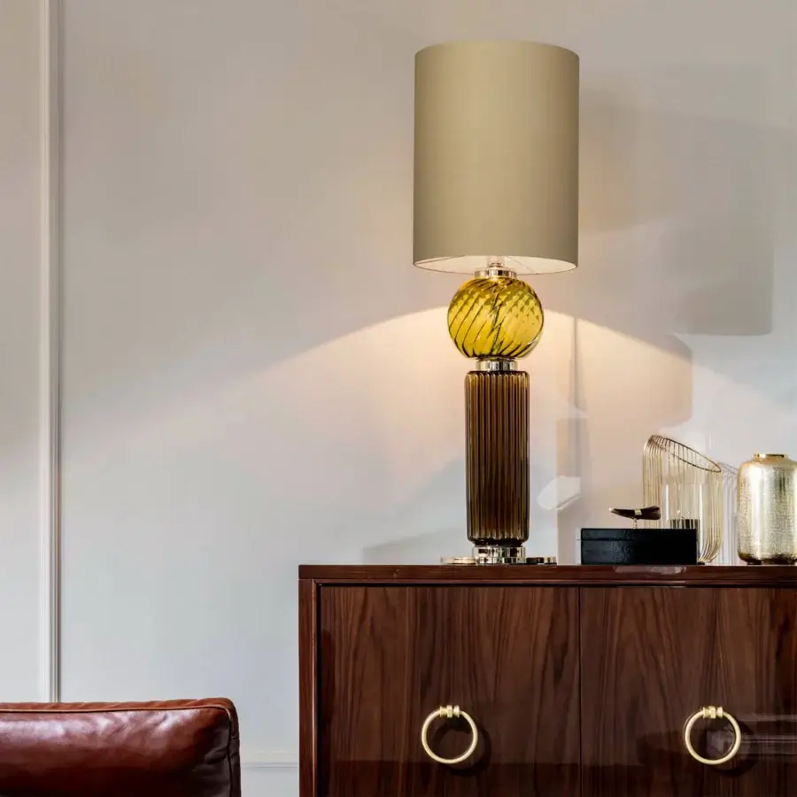 Exclusive Italamp Matilda lamp with blown glass, beige fabric lampshade and light gold metal structure