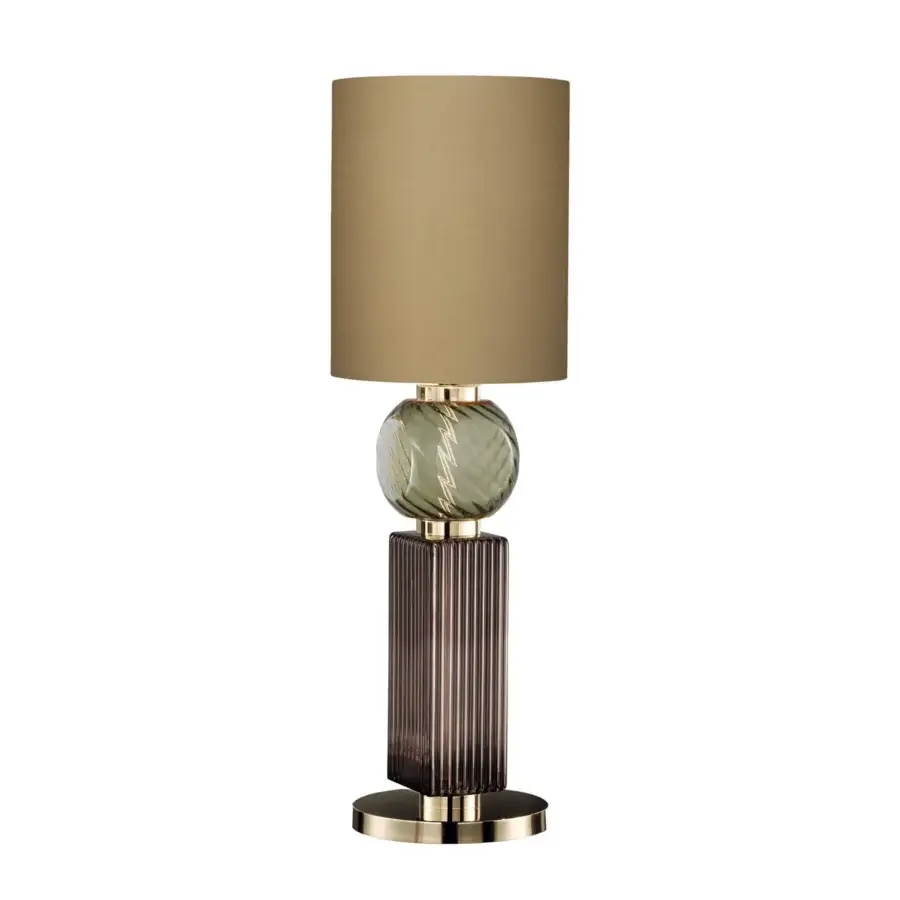 Elegant Italamp Matilda lamp with blown glass, tan fabric lampshade and light gold metal structure