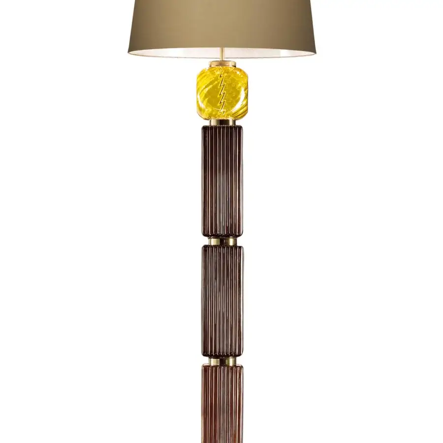 Exceptional Italamp Matilda floor lamp with twisted yellow blown glass and light gold finished metal structure