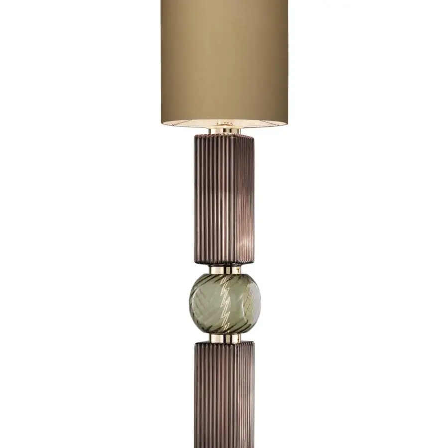 Superior Italamp Matilda floor lamp with light gold metal, dark purple ribbed glass and tan fabric lampshade crafted in Italy