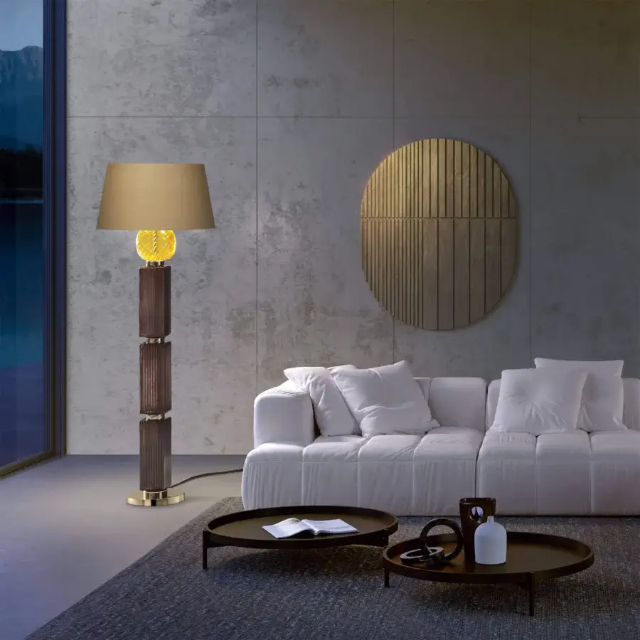 Exceptional Italamp Matilda floor lamp with light gold metal, golden blown glass, and coordinating fabric lampshade