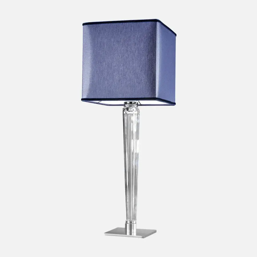 Exceptional Italamp Spillo table lamp with hand-carved transparent crystal base and textured blue fabric lampshade