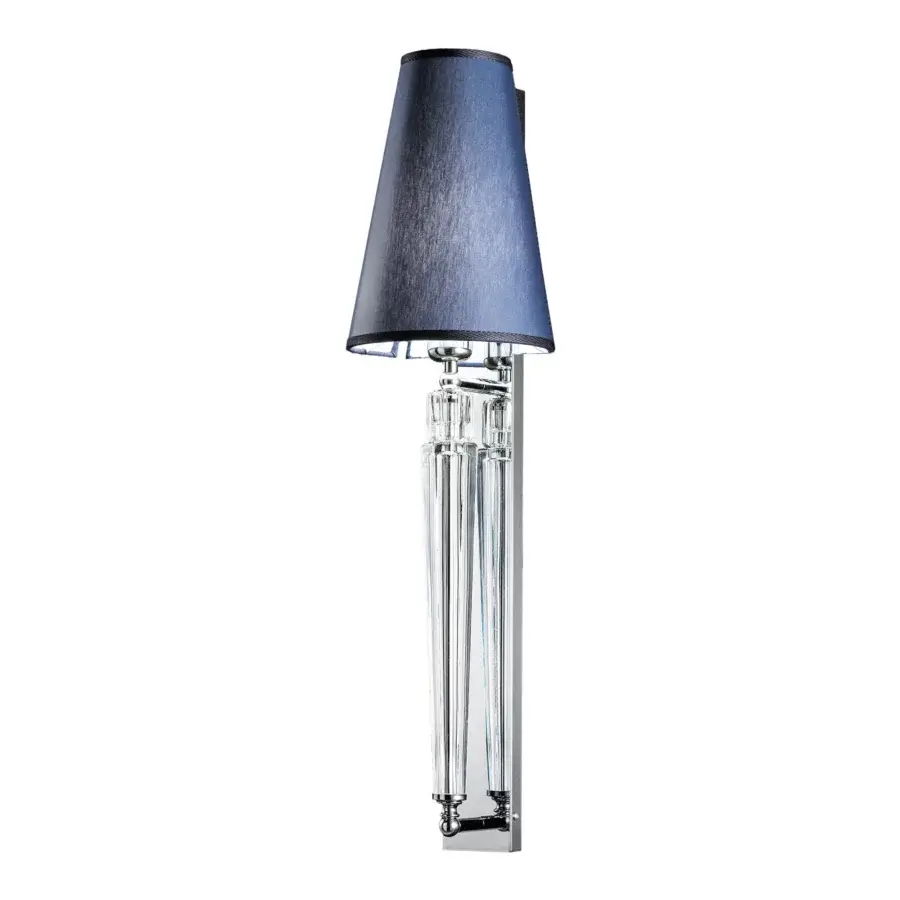 Exceptional Italamp Spillo wall lamp with hand-carved transparent crystal rods and a dark blue textile lampshade in glossy chrome-like metal