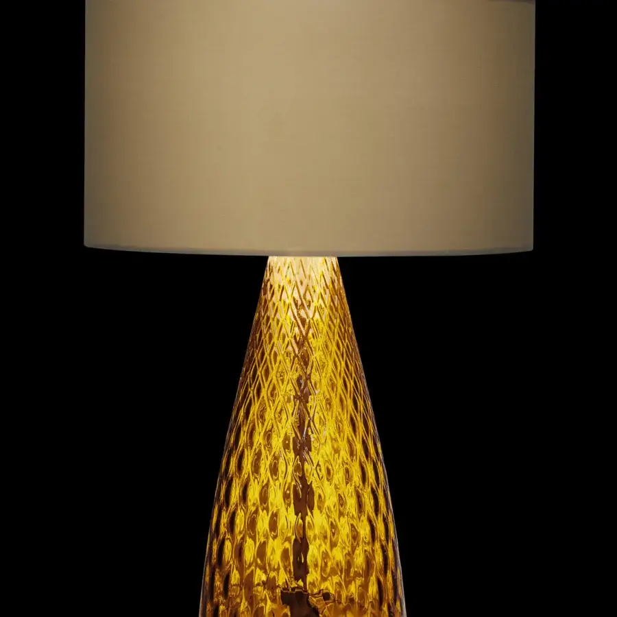 Distinguished Italamp Cheers table lamp with honey-amber textured glass and beige textile lampshade in chrome metal