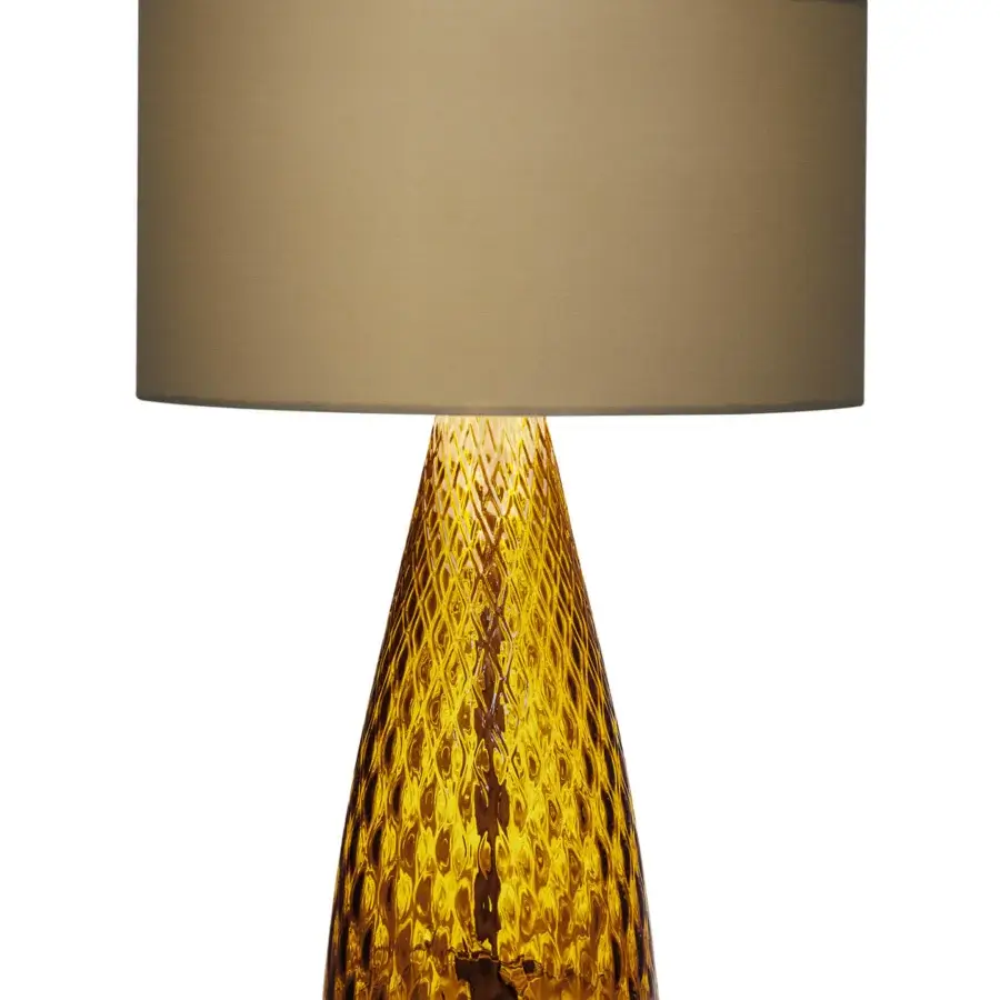 Superior Italamp Cheers table lamp with amber textured glass and tan fabric lampshade in chrome metal