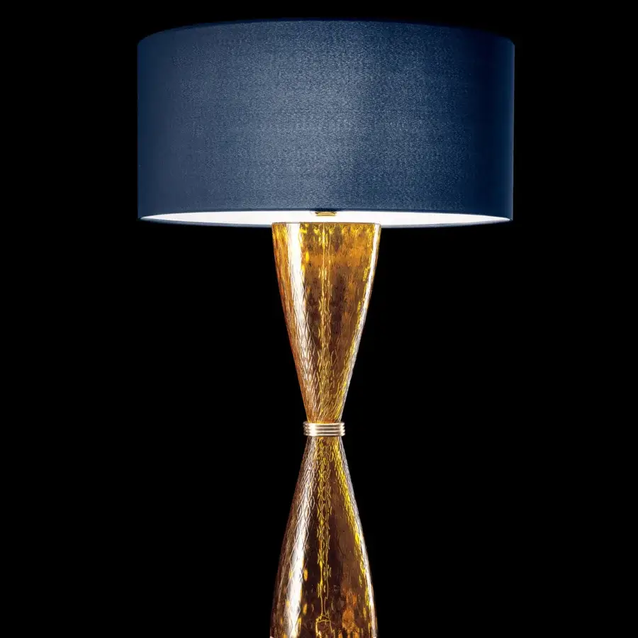 Exceptional Italamp Cheers table lamp with hourglass glass base and dark blue textile lampshade in golden metal finish