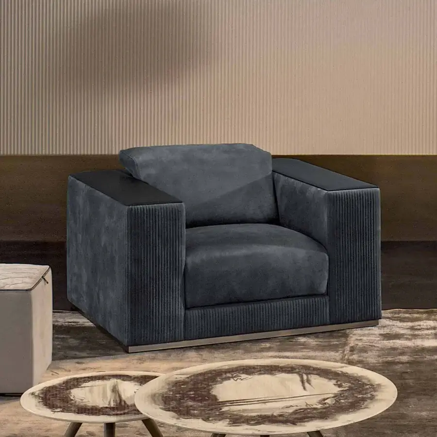 Exceptional Rugiano Vogue lounge chair with dark gray velvety textile and sleek metal base crafted with ribbed detailing