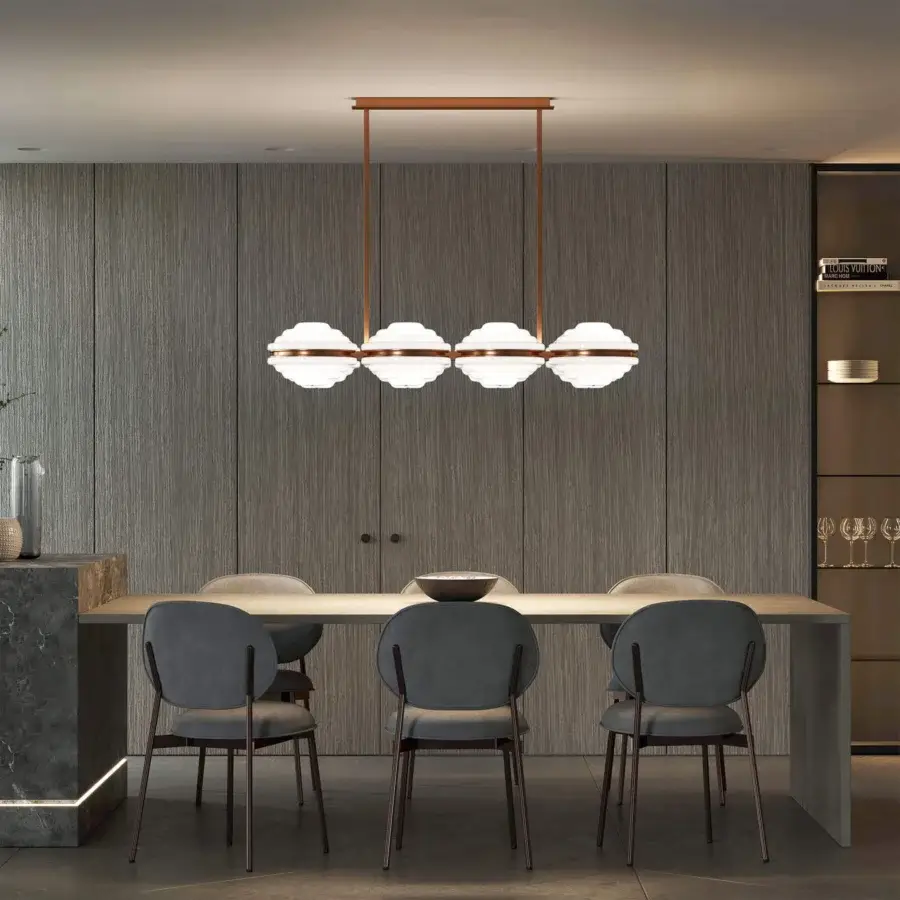 Superior Italamp Ellepi suspension crafted with satin white glass diffusers bisected by bronze-finished metallic bands