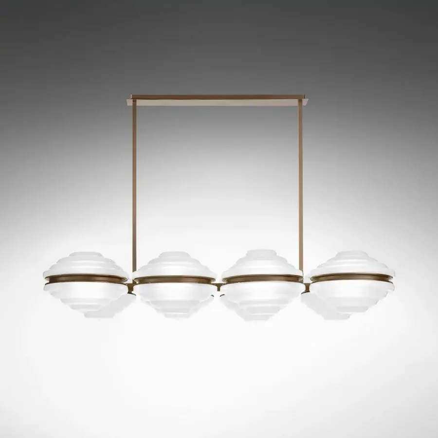 Superior Italamp Ellepi suspension crafted with layered satin white glass diffusers bisected by bronze bands within a bronze frame